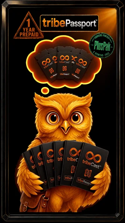 Poster for the PlusPak video: an orange owl holding tribePassport boxes.